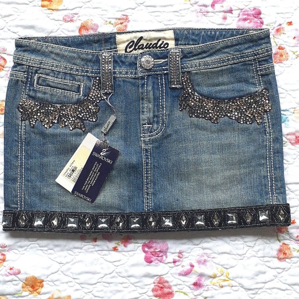 Swarovski Claudio Milano Crystal Denim Miniskirt Jean Miniskirt Size S